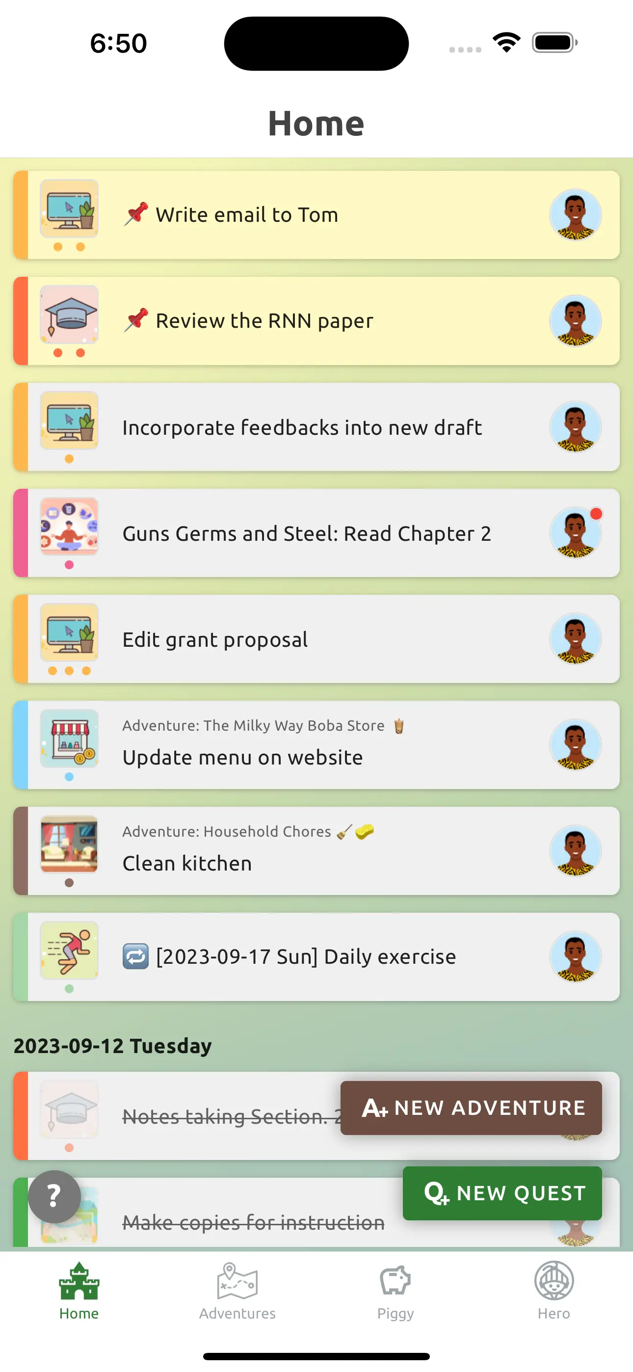 HeroMode home screen with quests, points, and adventures